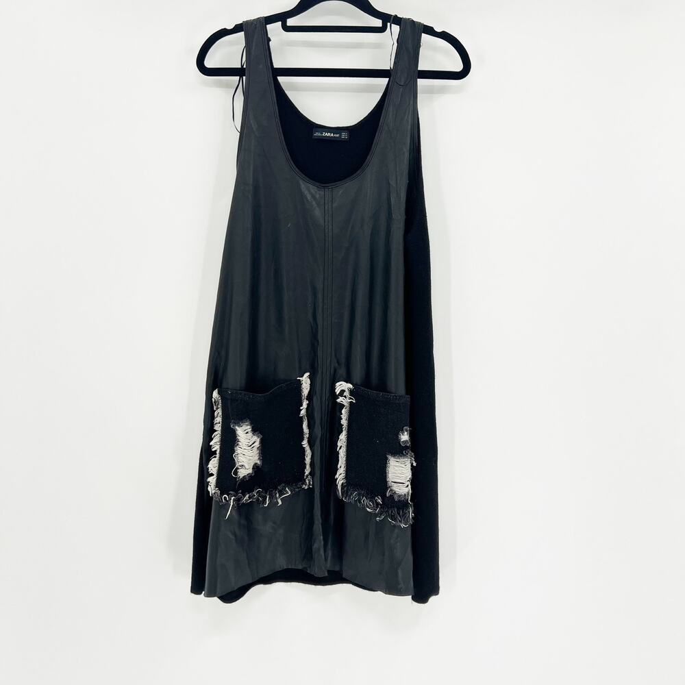 Zara Knit Tunic Tank Top Womens Size M‎ Black Distressed Pocket Scoop Neck